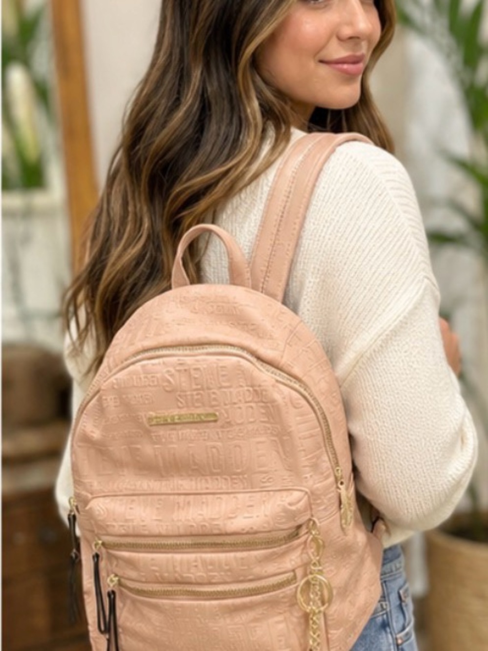 Steve Madden Blush Embossed Faux Leather Backpack with Gold Hardware